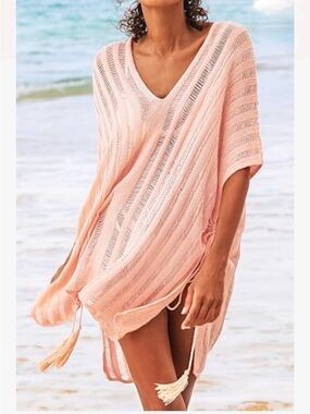 Cupshe Peach Knit V-Neck Beach Coverup with Tassels